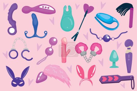 Set of sex toys on pink background