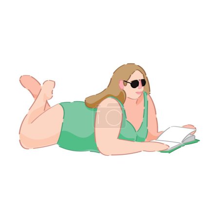 Overweight woman in swimsuit reading book on white background