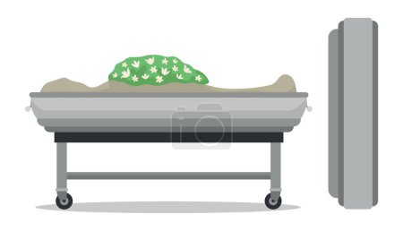 Coffin with body before cremation on white background