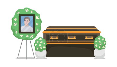 Coffin with body and photo of dead man on white background