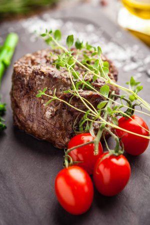 Photo for Estonian beef tenderloin steak. Delicious healthy traditional food closeup served for lunch in modern gourmet cuisine restaurant. - Royalty Free Image