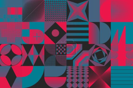 Illustration for Modern vector seamless pattern graphics made with bizarre psychedelic color gradients and abstract geometric shapes and minimalist geometry forms. - Royalty Free Image