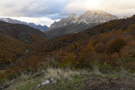 Téléchargez les photos : Paysage du parc national Picos de Europa en atumn avec des sommets et des feuilles de forêt vives au coucher du soleil - en image libre de droit