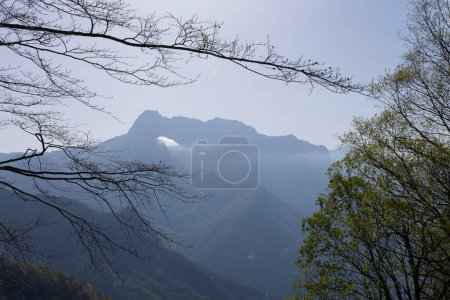 Berglandschaft mit Gipfel und Wolken an einem strahlend sonnigen Frühlingstag mit grüner Vegetation und blauem Himmel im Nationalpark Picos de Europa im Norden Spaniens.