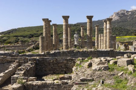 Ruinas arqueológicas de castrum romano en Baelo Claudia con columnas de piedra y edificios antiguos en un día soleado brillante.