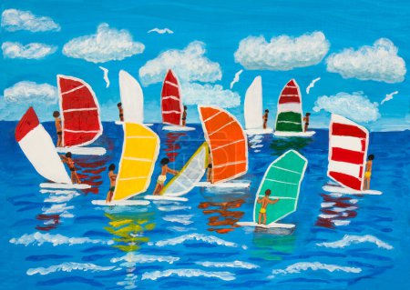 Photo for Seascape with windsurfing acrylic painting on streched canvas. - Royalty Free Image