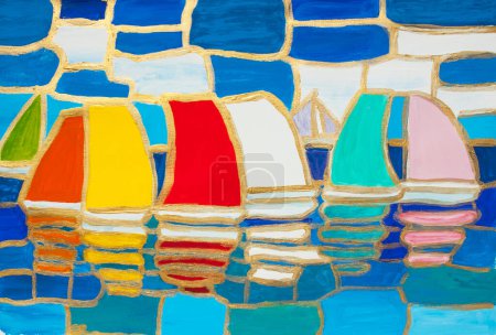 Téléchargez les photos : Paysage marin avec régate à voile avec voiles de différentes couleurs et lignes dorées, peinture acrylique sur toile. - en image libre de droit