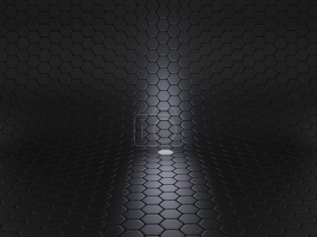 Téléchargez les photos : Dark black hexagonal curved background with one single white hexagon - en image libre de droit