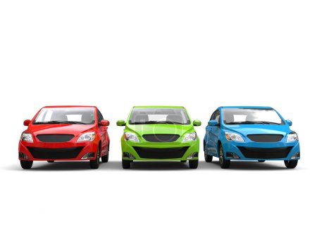 Foto de Modern small compact cars side by side in green, red and blue color - Imagen libre de derechos