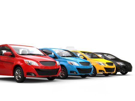 Foto de Modern small compact cars in various colors parked side by side - Imagen libre de derechos
