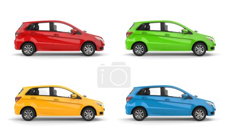 Foto de Modern compact low cost affordable eco car in red, green, yellow and blue color isolated on white background - Imagen libre de derechos