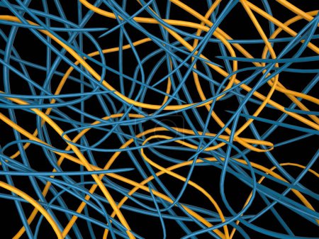 Photo for Bunch of yellow and blue entangled and knotted together wires - isolated on black background - Royalty Free Image
