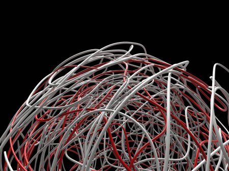 Photo for Ball of red and white wires all entangled and entwined with each other - isolated on black background - Royalty Free Image