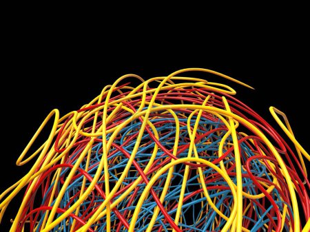Foto de Pelota de alambres rojos, azules y amarillos todos enredados y entrelazados entre sí - aislados sobre fondo negro - Imagen libre de derechos