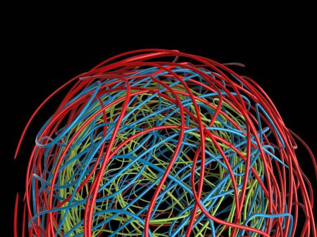 Foto de Pelota de alambres rojos, verdes y azules todos enredados y entrelazados entre sí - aislados sobre fondo negro - Imagen libre de derechos