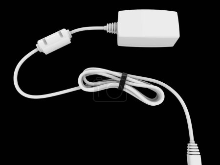 Foto de Dispositivo con cable blanco doblado y enrollado y sostenido con banda elástica negra - vista de arriba hacia abajo - Imagen libre de derechos