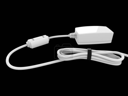 Foto de Dispositivo con cable blanco doblado y enrollado y sostenido con banda elástica negra - Imagen libre de derechos
