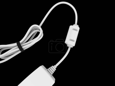 Foto de Cable blanco doblado y enrollado y sostenido con banda de goma negra con adaptador eléctrico en el extremo - Imagen libre de derechos