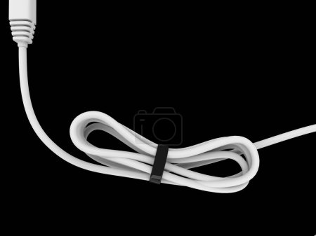 Foto de Cable blanco doblado y enrollado y sostenido con banda elástica negra - Imagen libre de derechos