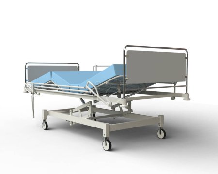 Téléchargez les photos : Grand lit d'hôpital avec matelas bleu et tout l'équipement - vue arrière - en image libre de droit