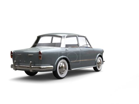 Téléchargez les photos : Petite voiture vintage compacte gris ardoise - vue arrière - isolée sur fond blanc - en image libre de droit