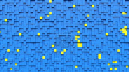 Téléchargez les photos : Abstrait fond bleu vif fait de cubes avec des cubes jaunes se détachant - en image libre de droit