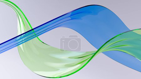 Foto de Cintas transparentes de vidrio azul y verde sobre fondo claro. Superficie de cristal brillante formas curvas en movimiento. Elemento de diseño para fondos: fondo abstracto de renderizado 3D - Imagen libre de derechos