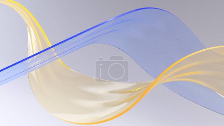 Téléchargez les photos : Rubans de verre transparents bleus et jaunes sur fond clair. Surface en verre brillant formes incurvées en mouvement. Élément de conception pour les arrière-plans - rendu 3D fond abstrait - en image libre de droit