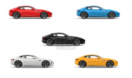 Set of modern luxury sports cars in various colors - side view