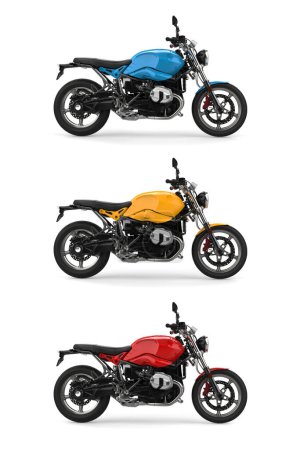 Téléchargez les photos : Ensemble de trois motos rapides fraîches en rouge, bleu et jaune couleurs primaires - vue latérale - en image libre de droit