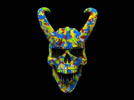 Téléchargez les photos : Crâne de démon riant avec de grandes cornes - éclaboussures de couleurs - en image libre de droit