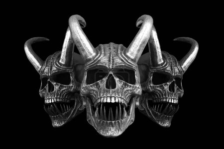Téléchargez les photos : Trois crânes de démon en métal lourd avec de grandes cornes et des dents acérées - en image libre de droit