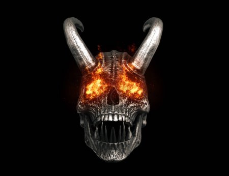 Téléchargez les photos : Crâne de démon foncé criant avec des dents acérées et de grandes cornes et des yeux flamboyants - en image libre de droit