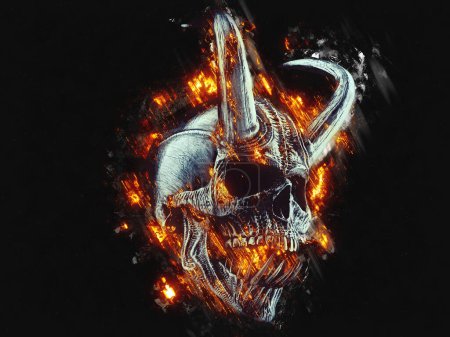 Téléchargez les photos : Crâne de démon grincheux en feu avec des braises - en image libre de droit