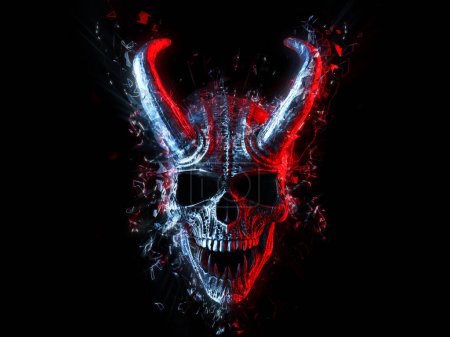 Téléchargez les photos : Crâne de démon riant dans le style cyber néon - en image libre de droit