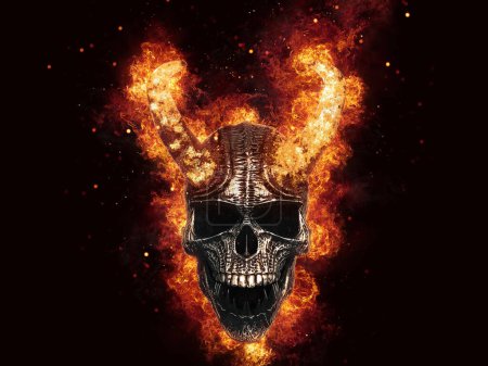 Téléchargez les photos : Crâne de démon criant avec des cornes flamboyantes et un feu ardent derrière lui - en image libre de droit