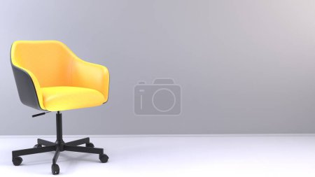 Téléchargez les photos : Chaise de bureau moderne confortable jaune dans la pièce gris clair, modèle de conception graphique, position de gauche - en image libre de droit