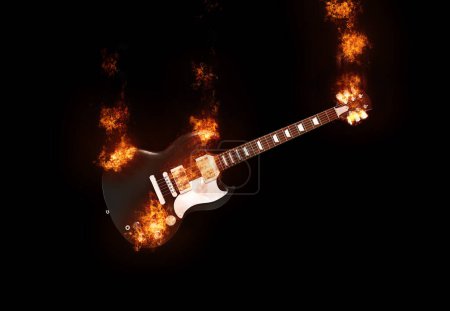 Hard rock, guitarra heavy metal en llamas - aislado sobre fondo negro
