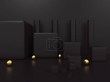 Téléchargez les photos : Formes sombres géométriques minimalistes sur fond sombre avec sphères dorées, fond design abstrait, environnement sombre minimaliste - en image libre de droit