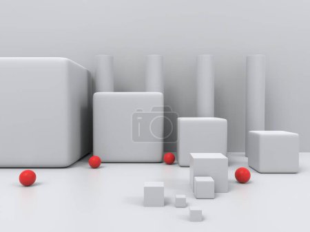 Téléchargez les photos : Formes minimalistes blanches sur fond clair avec des boules rouges entre les deux, fond de conception graphique - en image libre de droit