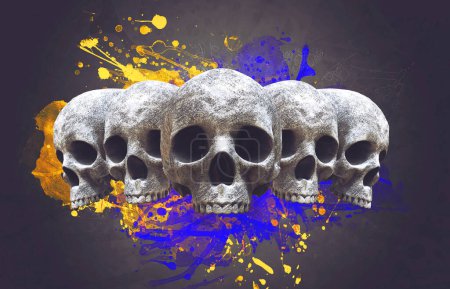 Téléchargez les photos : Cinq crânes et éclaboussures de couleurs - illustration de style moderne - en image libre de droit