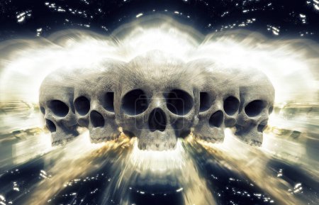 Téléchargez les photos : Cinq crânes rayonnants d'énergie cosmique - en image libre de droit