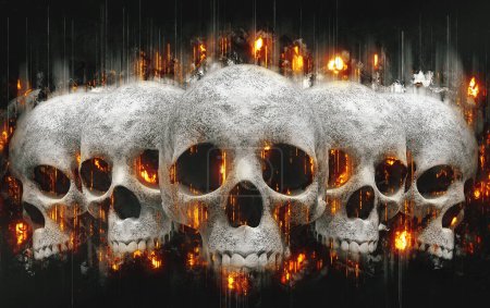 Téléchargez les photos : Cinq crânes avec des braises brûlantes qui volent autour d'eux - en image libre de droit