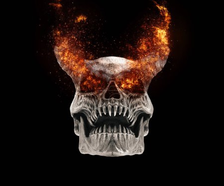 Téléchargez les photos : Crâne de démon avec des dents acérées avec des yeux et des cornes flamboyants et brûlants - en image libre de droit