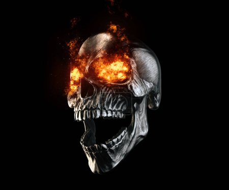 Foto de Cráneo de gritos oscuros con ojos de fuego ardiente - Imagen libre de derechos