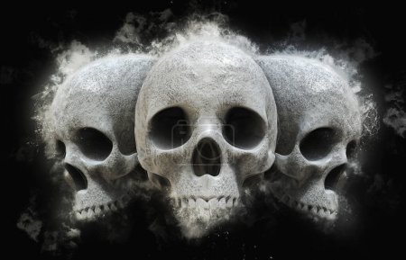 Téléchargez les photos : Trois crânes - effet atmosphérique grunge sur fond sombre - en image libre de droit