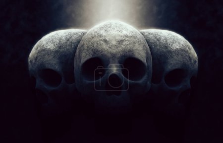 Téléchargez les photos : Trois crânes dans un environnement sombre et lunatique - fond sombre - en image libre de droit