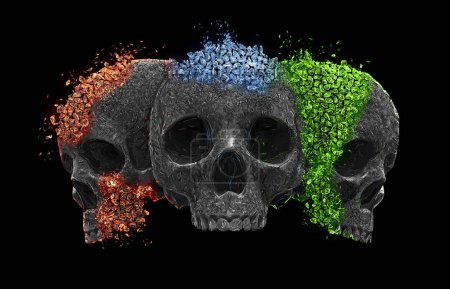 Foto de Tres cráneos oscuros que se desintegran en cristales de colores - Imagen libre de derechos