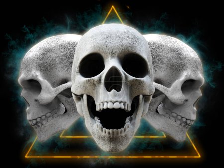 Téléchargez les photos : Trois crânes - grunge néon Illustration 3D - en image libre de droit