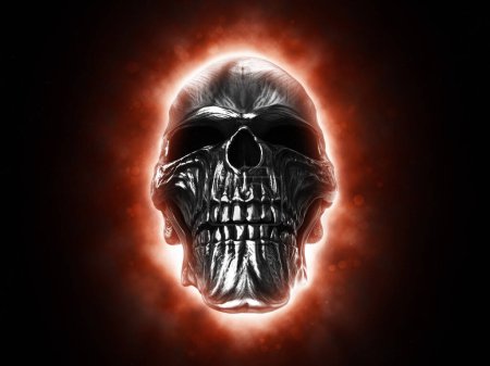 Foto de Cráneo de metal oscuro brillante rojo sobre fondo oscuro - Imagen libre de derechos